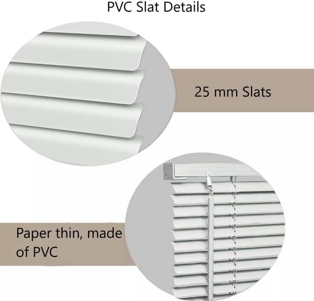 PVC Venetian Blind Blinds Window 25mm Thin Slats Kitchen Windows Blinds Treatments Easy Fit Curtains Trimmable Fittings Home Office - White