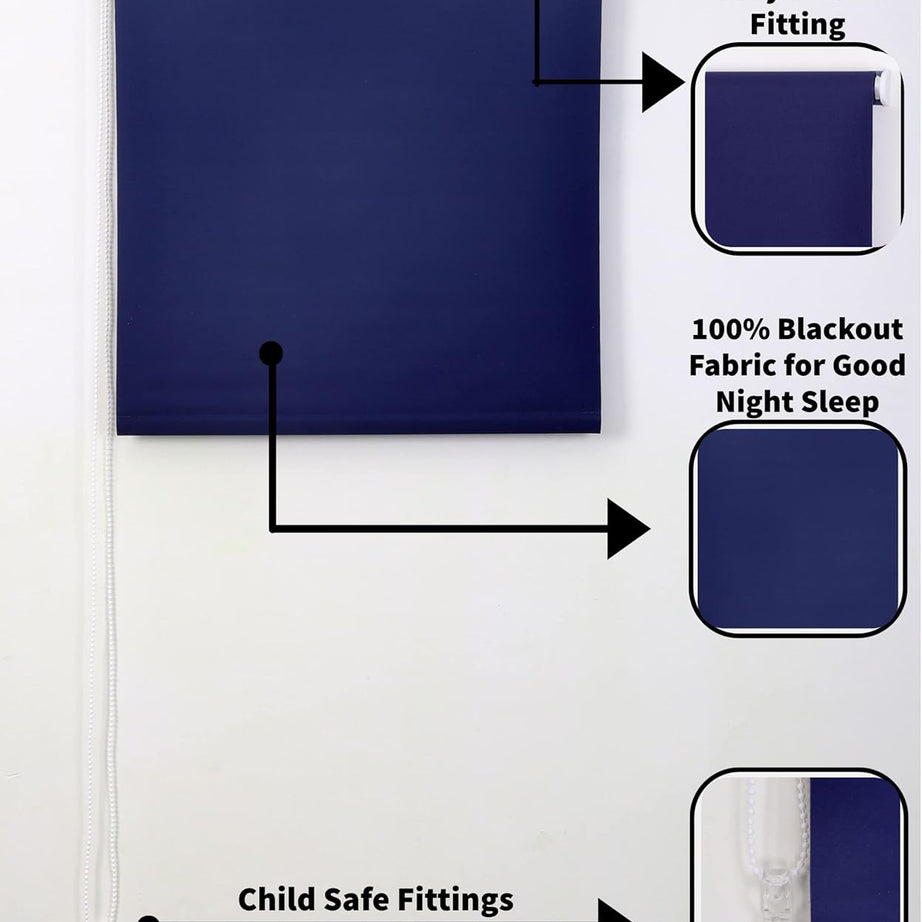 Funky Gadgets Roller Blinds Thermal Blackout Roller Blind, Easy Fit Child Safe Trimmable UV Protection Home Office Window Blinds, Navy Blind