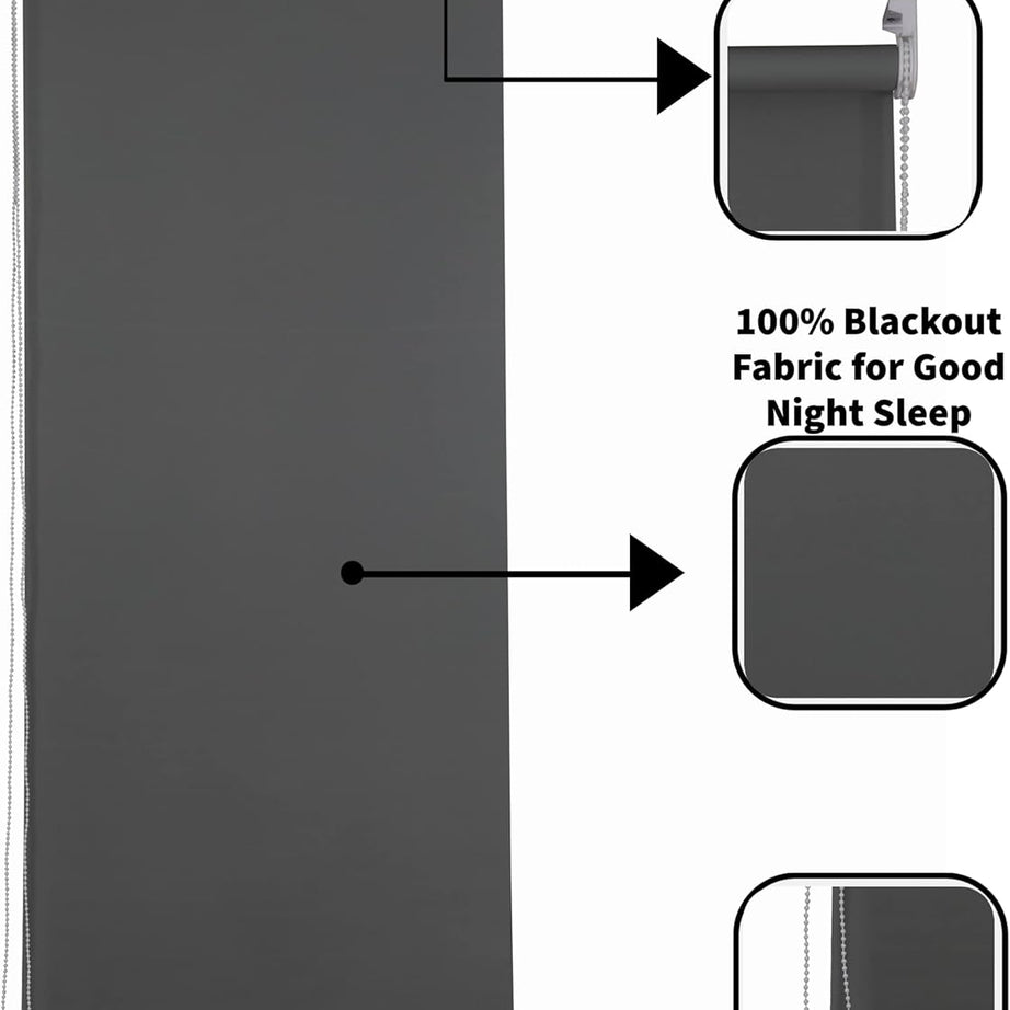 Funky Gadgets Blackout Roller Blinds Window Shades Easy Fit Thermal Roller Blind 3 Pass Black Out Fabric for Room Darkening Trimmable Child Safe Metal Tube Charcoal Grey