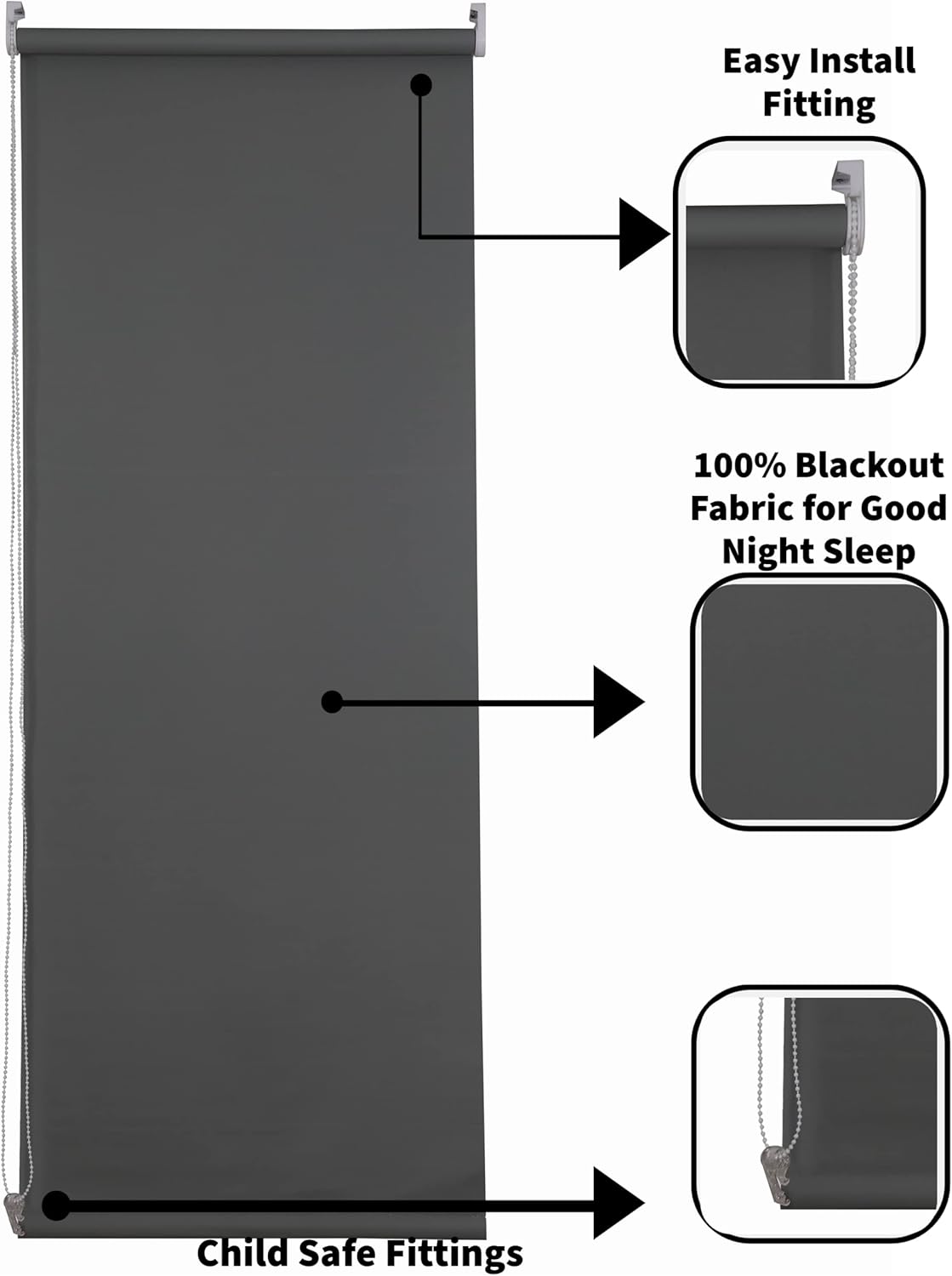 Funky Gadgets Blackout Roller Blinds Window Shades Easy Fit Thermal Roller Blind 3 Pass Black Out Fabric for Room Darkening Trimmable Child Safe Metal Tube Charcoal Grey