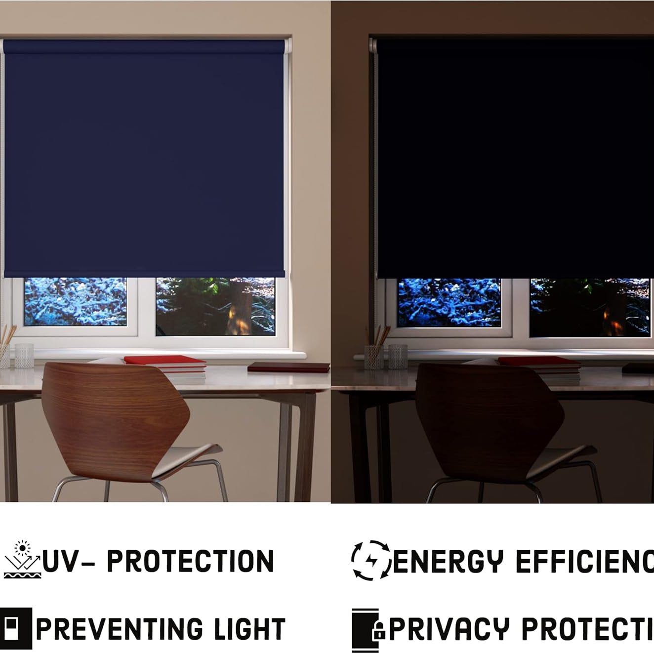 Funky Gadgets Roller Blinds Thermal Blackout Roller Blind, Easy Fit Child Safe Trimmable UV Protection Home Office Window Blinds, Navy Blind