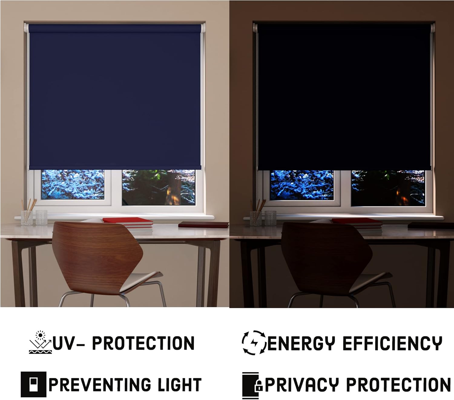 Funky Gadgets Roller Blinds Thermal Blackout Roller Blind, Easy Fit Child Safe Trimmable UV Protection Home Office Window Blinds, Navy Blind